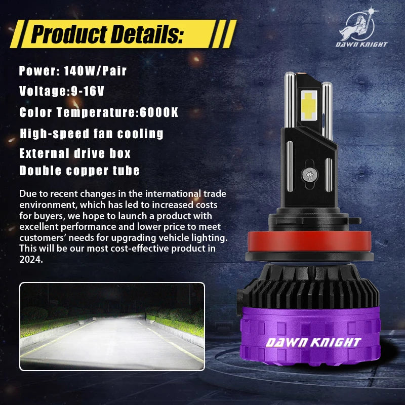 DAWNKNIGHT P7 Plus 🔥 140W H7 LED Headlight Bulbs | 6000K/4300K 💡 | H4 H11 HB3 9005 HB4 9006 | Double Copper Tube | 12V | 2PCS